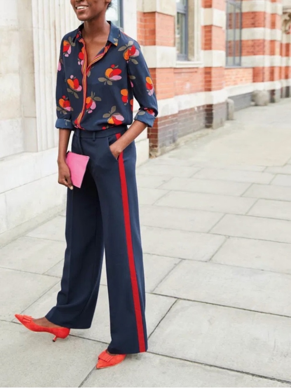 Boden Navy Wide-Leg Pants with Red Side Stripe